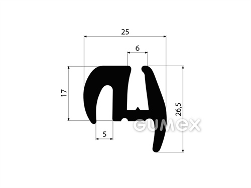 Gumový profil do okien dopravných prostriedkov bez klinku, 26,5x25/6/5mm, 70°ShA, EPDM, -40°C/+100°C, čierny